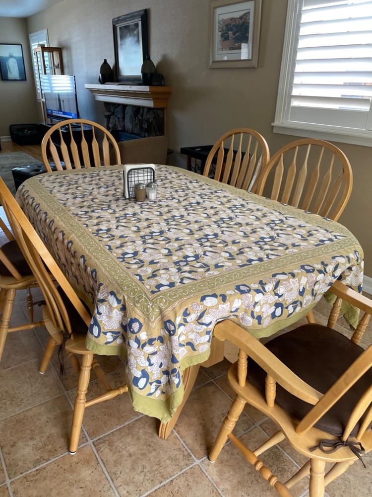 French Tablecloth Forest Harvest Mustard & Blue - Customer Photo From Sharyn E.