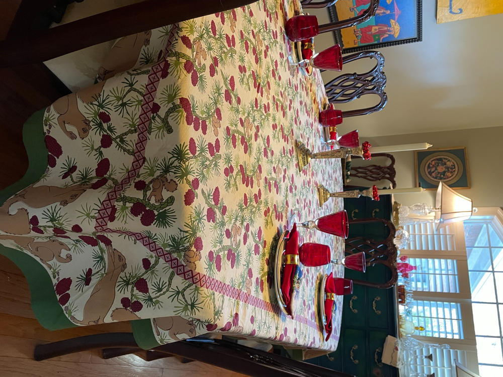 French Tablecloth Squirrel & Pinecone Red & Brown - Customer Photo From Barbara Campbell