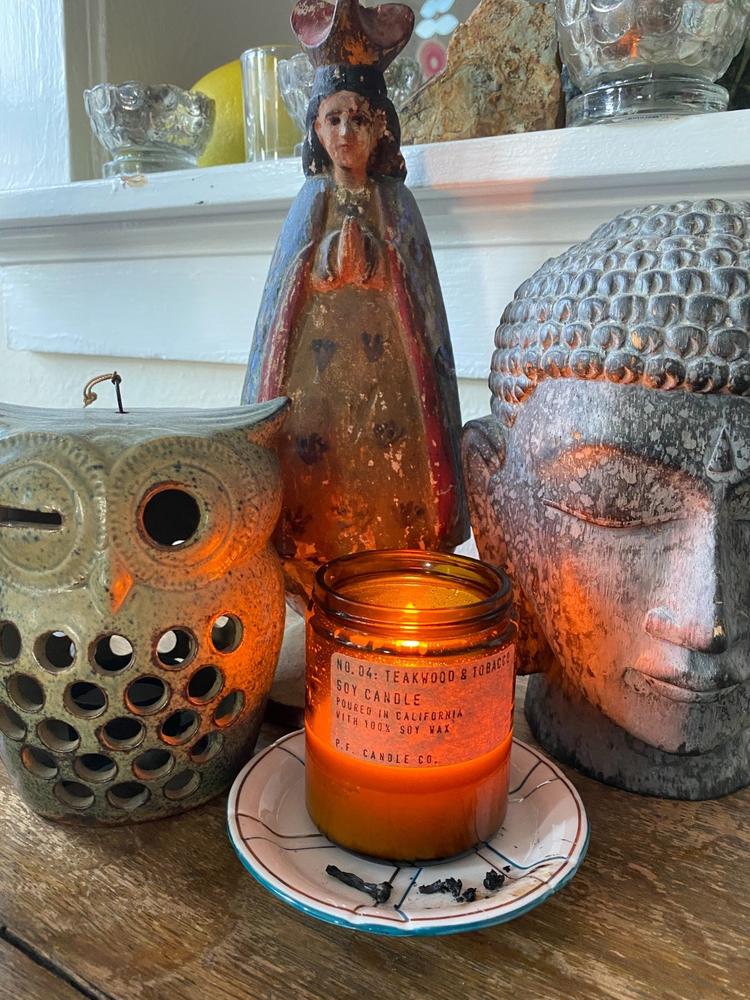 p.f. candle co teakwood and tobacco Co. Large Candle - & poured into an apothecary inspired amber jar with a signature kraft label and a brass lid Teakwood & Tobacco Candle |