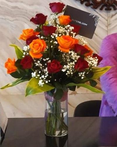 18 Red And Orange Roses in Vase - Customer Photo From Jared