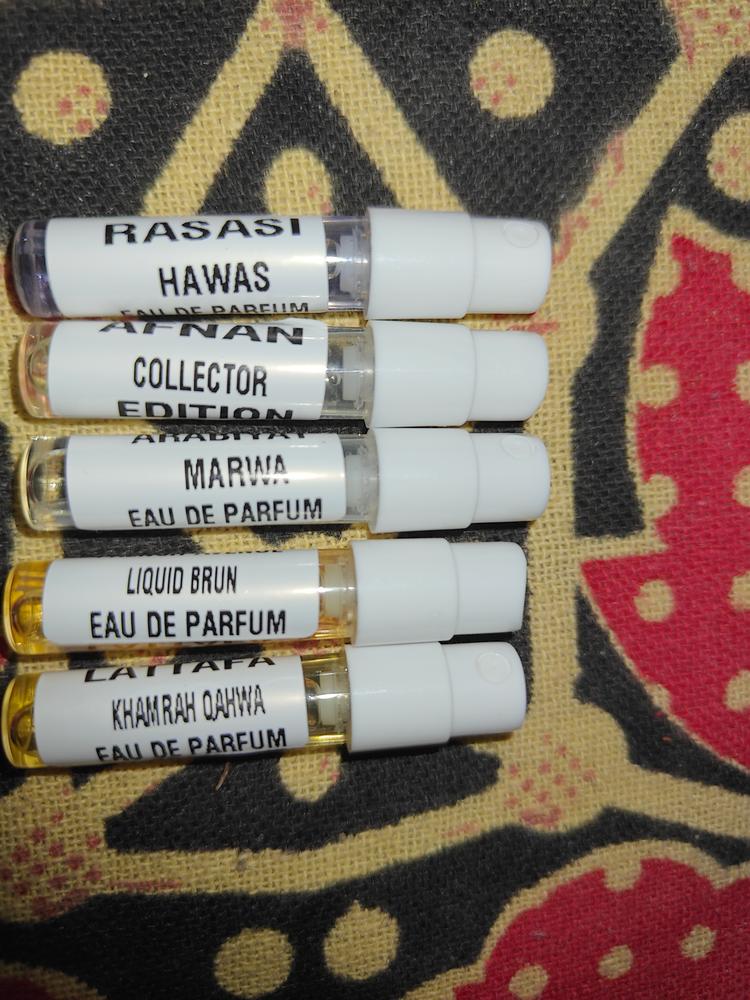 Best of Middle East Sampling Set( Hawas, Liquid Brun, Marwa, Khamrah Qahwa, Collector Edition) 5 x 1ml - Customer Photo From Valanko
