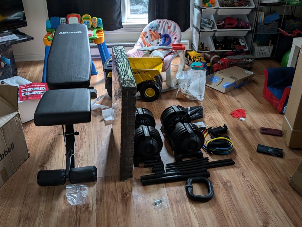 Bundle:  Ascend 3-in-1 Adjustable Dumbbells (7 to 52.5 lb) & Bench - Customer Photo From Maxime Rousseau-choquette