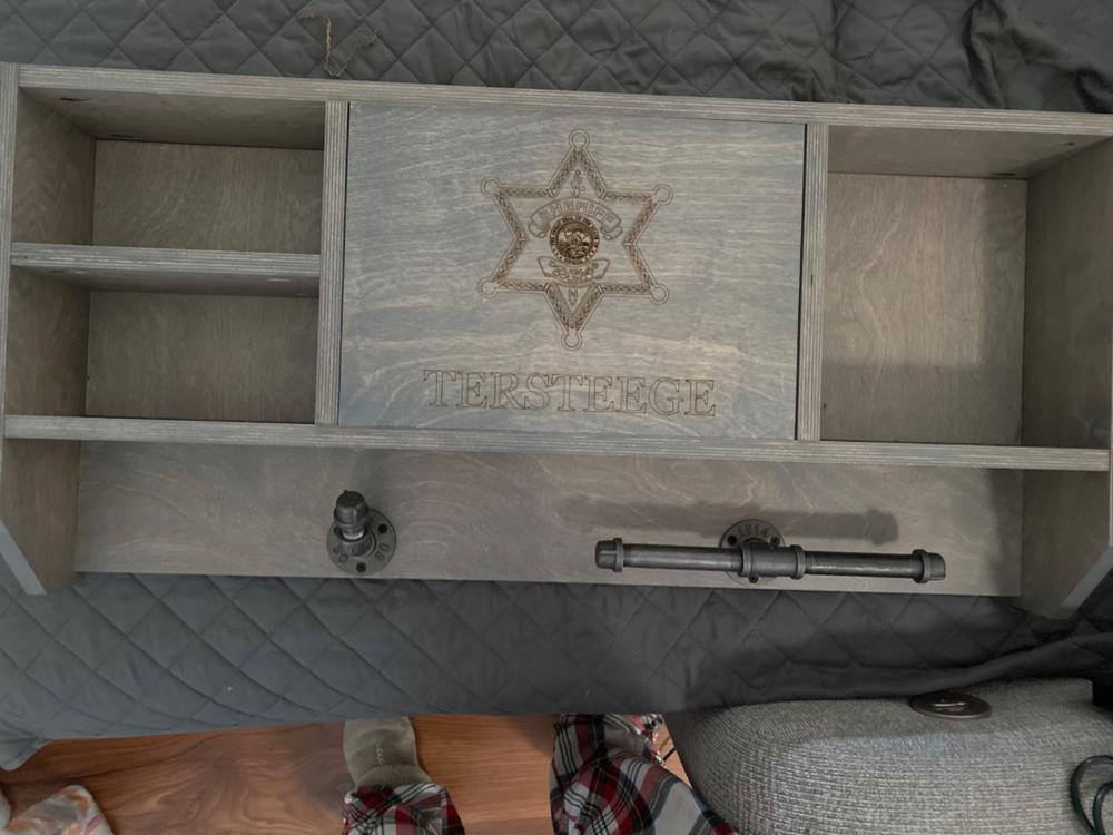 LEO Concealment Shelf Gear Rack (STAINED) - Customer Photo From Larissa Tersteege
