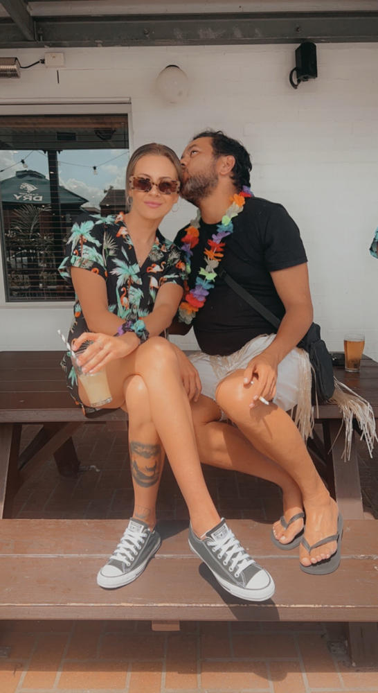 Flamingo Nights - Mens Hawaiian Shirt & Womens Crop Shirt - Customer Photo From Jordann Graham