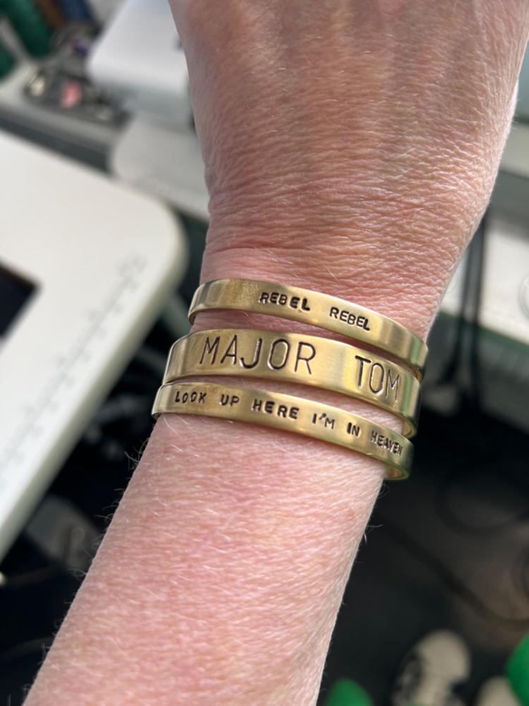 Hand Stamped Lyric Cuffs: Bowie - Customer Photo From Julie Vician
