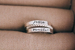Set of 2 Sterling Silver Name Rings with 1 Spacer - Script Font - Customer Photo From Mollie K