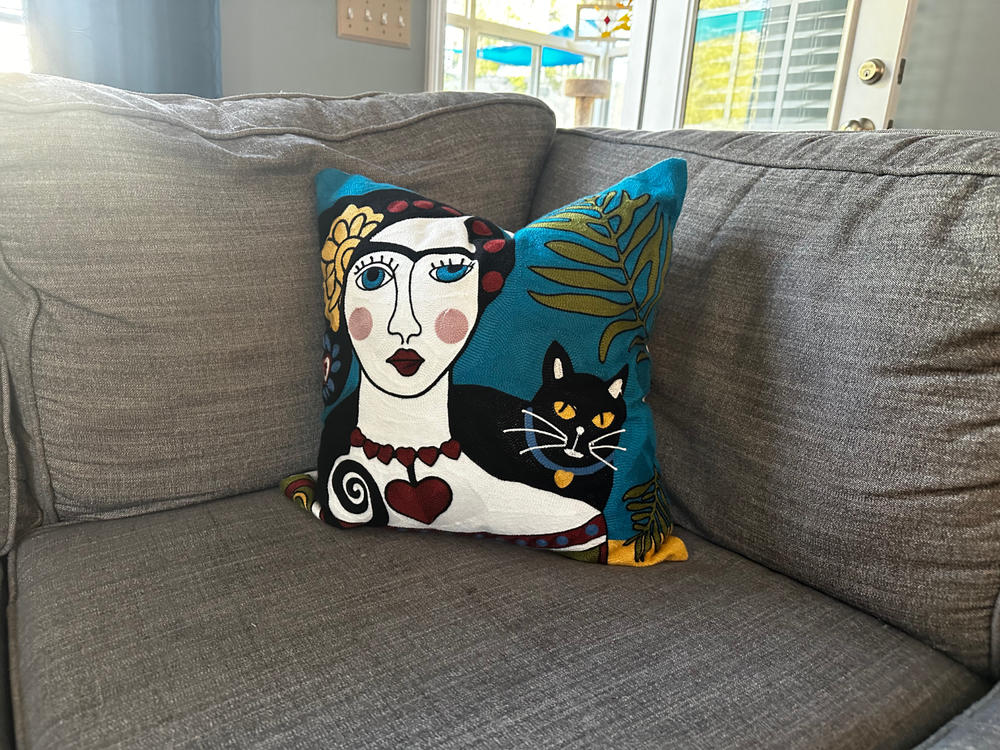 Frida & Cat Embroidered Pillow Cover - Customer Photo From Mitch T.