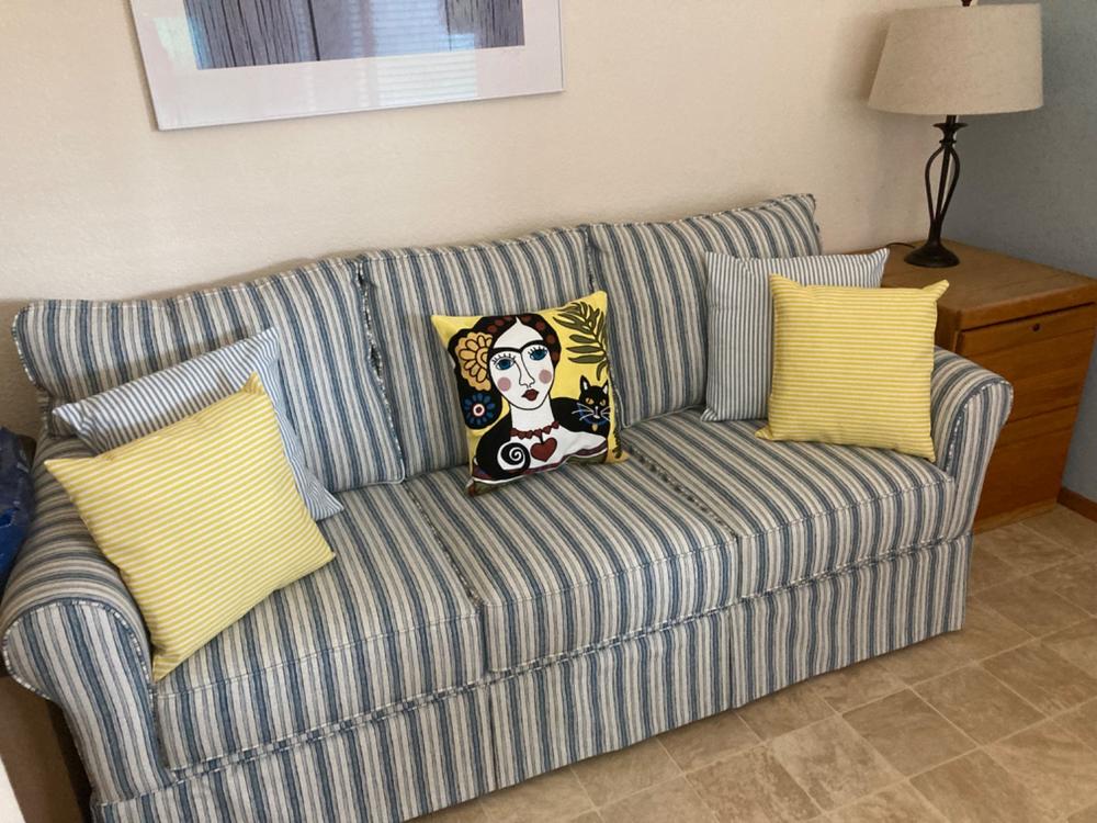 Frida & Cat Yellow Embroidered Pillow Cover - Customer Photo From Dorene Larsen