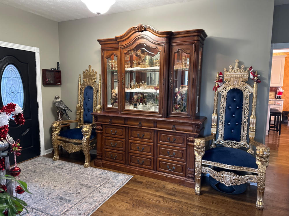"King David" Crown Lion Throne Chair - Blue Velvet / Gold - Customer Photo From Rebecca Bryant