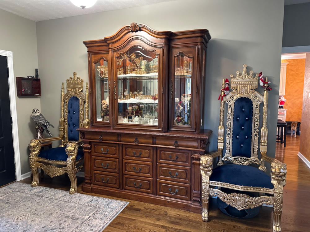 "King David" Crown Lion Throne Chair - Blue Velvet / Gold - Customer Photo From Rebecca Bryant