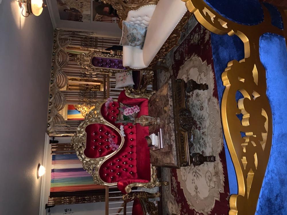 "Capri" Royal High Back Love Seat  - Red Velvet / Gold - Customer Photo From John Sam