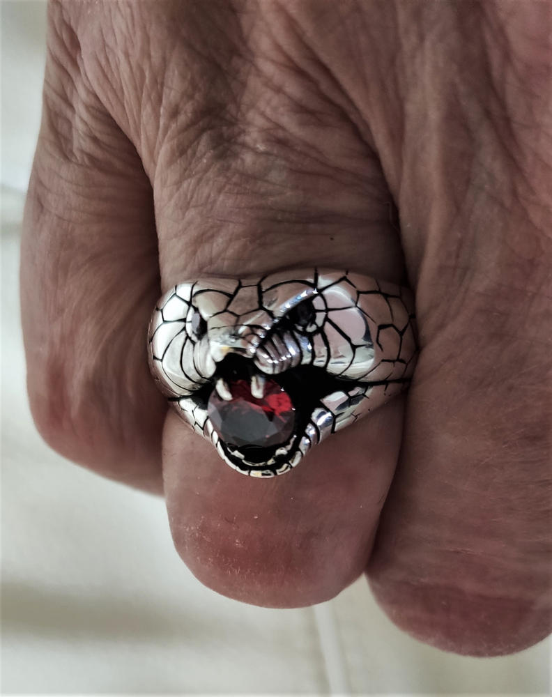 Silver Cobra Snake Ring with Red Zircon
