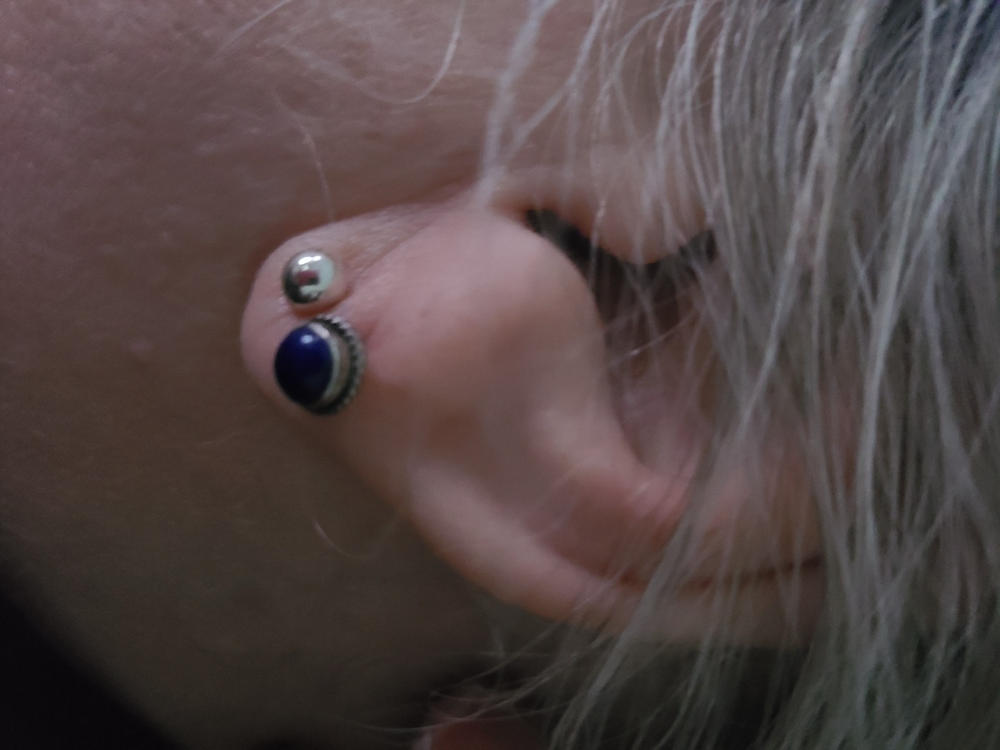 Lapis Lazuli Stud Earrings with Silverwork - Sterling Silver - Customer Photo From Garland R.