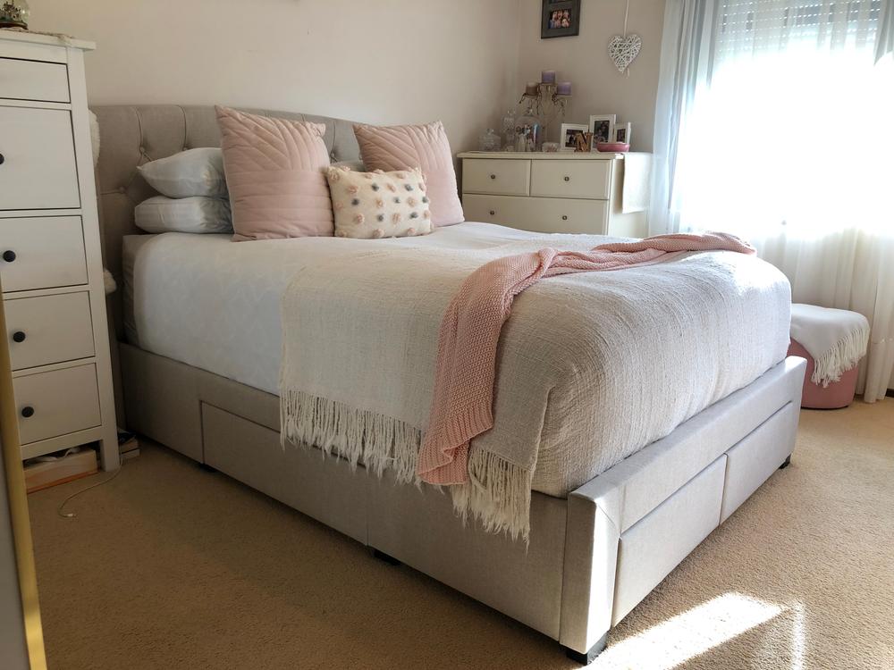 Audrey Beige White Oak Drawer Bed Frame - Customer Photo From Natalie 