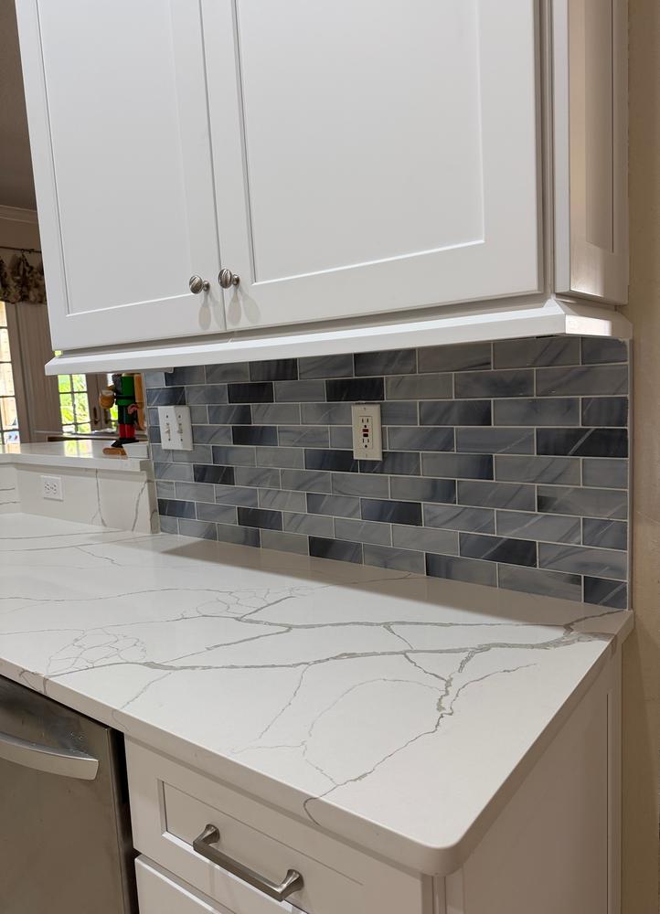 Blue Gray Glass With Sparkle Design Subway Backsplash Tile - BA8010 - Customer Photo From Linda Hackbardt