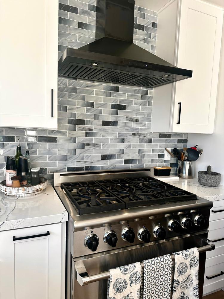 Blue Gray Glass With Sparkle Design Subway Backsplash Tile - BA8010 - Customer Photo From Kacy