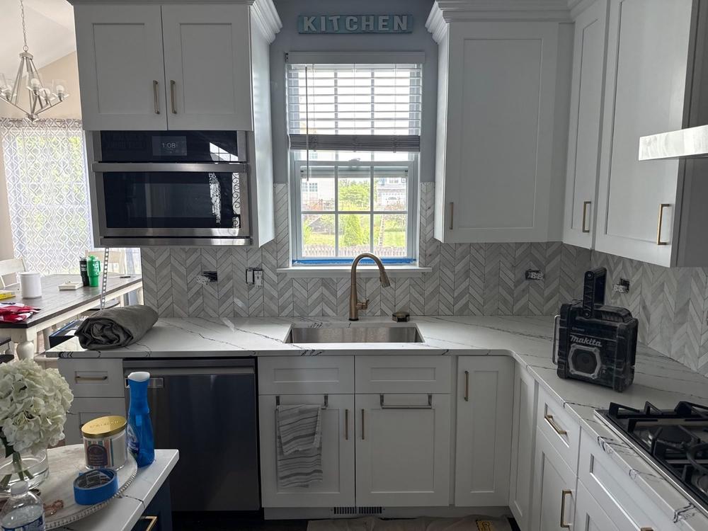 White Modern Marble Chevron tile with Multiple Textures - BA631613 - Customer Photo From Ed Duda