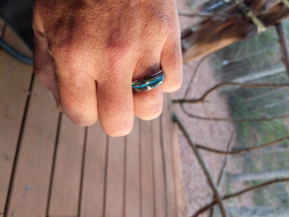 Australian Blue Fire Opal with Abalone Shell Tungsten Ring For Him For Her - Customer Photo From Andrew Sunell