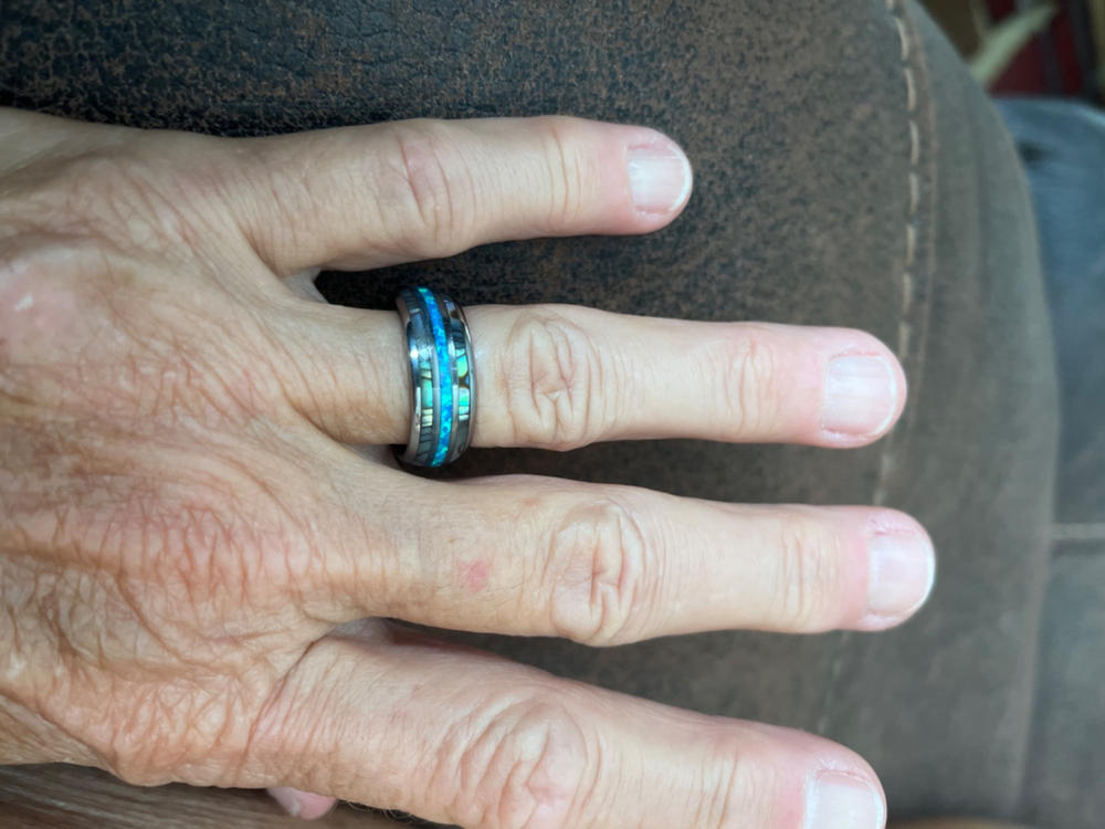 Australian Blue Fire Opal with Abalone Shell Tungsten Ring For Him For Her - Customer Photo From Nathalia Anaya