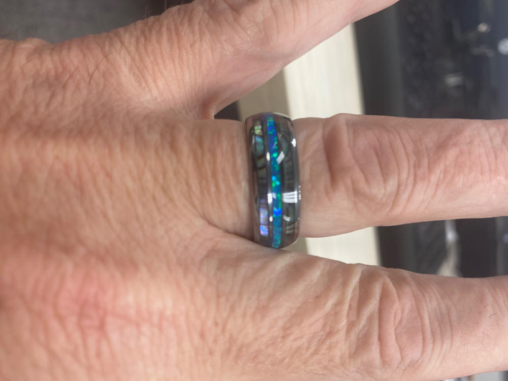 Australian Blue Fire Opal with Abalone Shell Tungsten Ring For Him For Her - Customer Photo From Richard D.