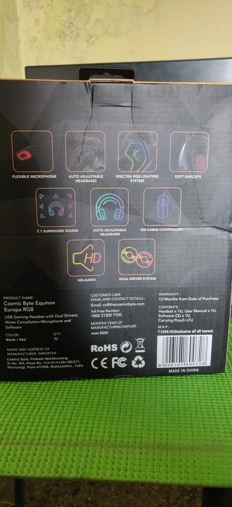 Cosmic Byte Equinox Europa 7.1 USB Dual Driver Gaming Headset with Software, Spectra RGB LED and ENC Microphone - Customer Photo From ROKESH R.