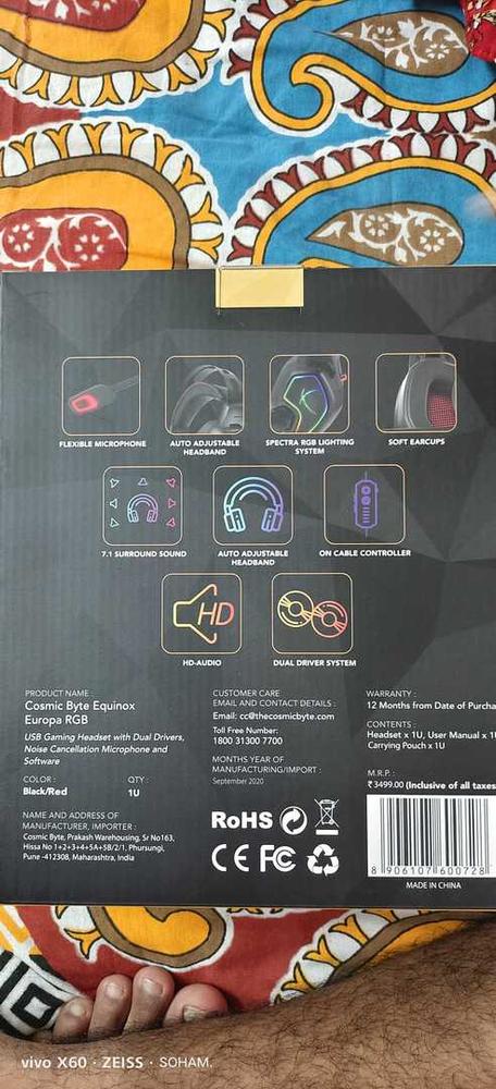 Cosmic Byte Equinox Europa 7.1 USB Dual Driver Gaming Headset with Software, Spectra RGB LED and ENC Microphone - Customer Photo From Soham S.