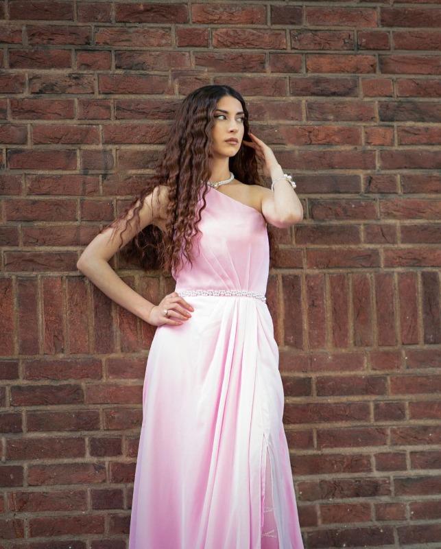 One Shoulder Long Chiffon Dresses with Slit Candy Pink - Customer Photo From Megan Swan