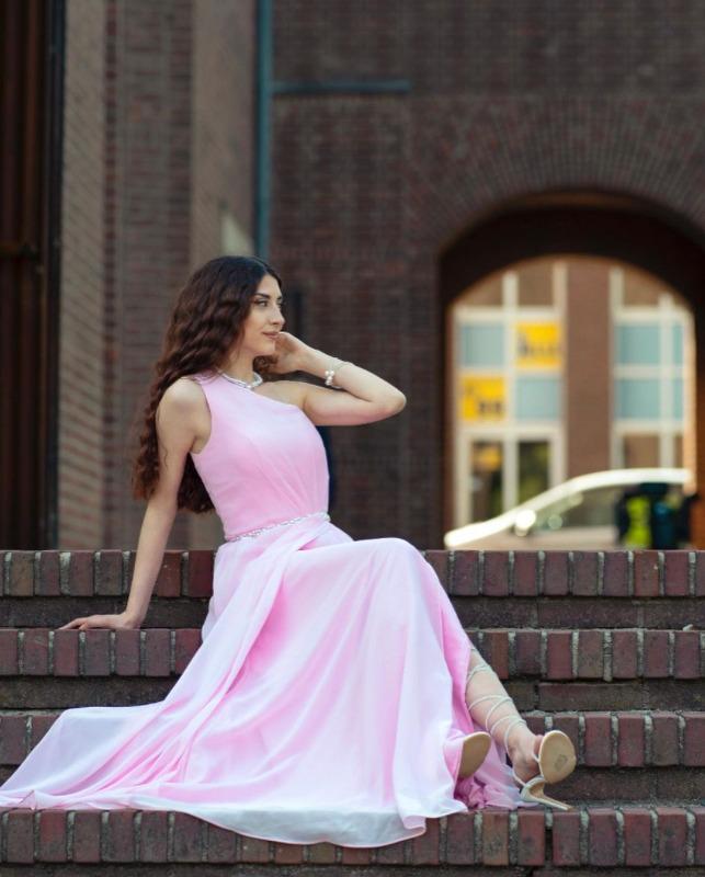One Shoulder Long Chiffon Dresses with Slit Candy Pink - Customer Photo From Megan Swan