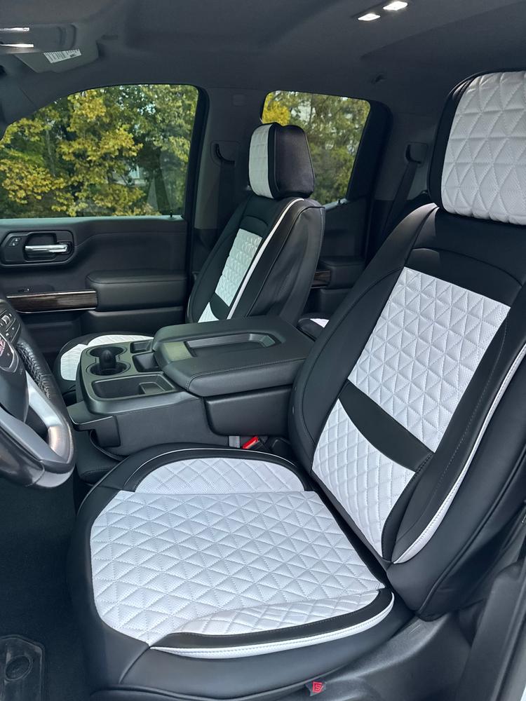 GMC Sierra gray & white front seat covers — verified review by Kevin M. — Seat Cover Solutions