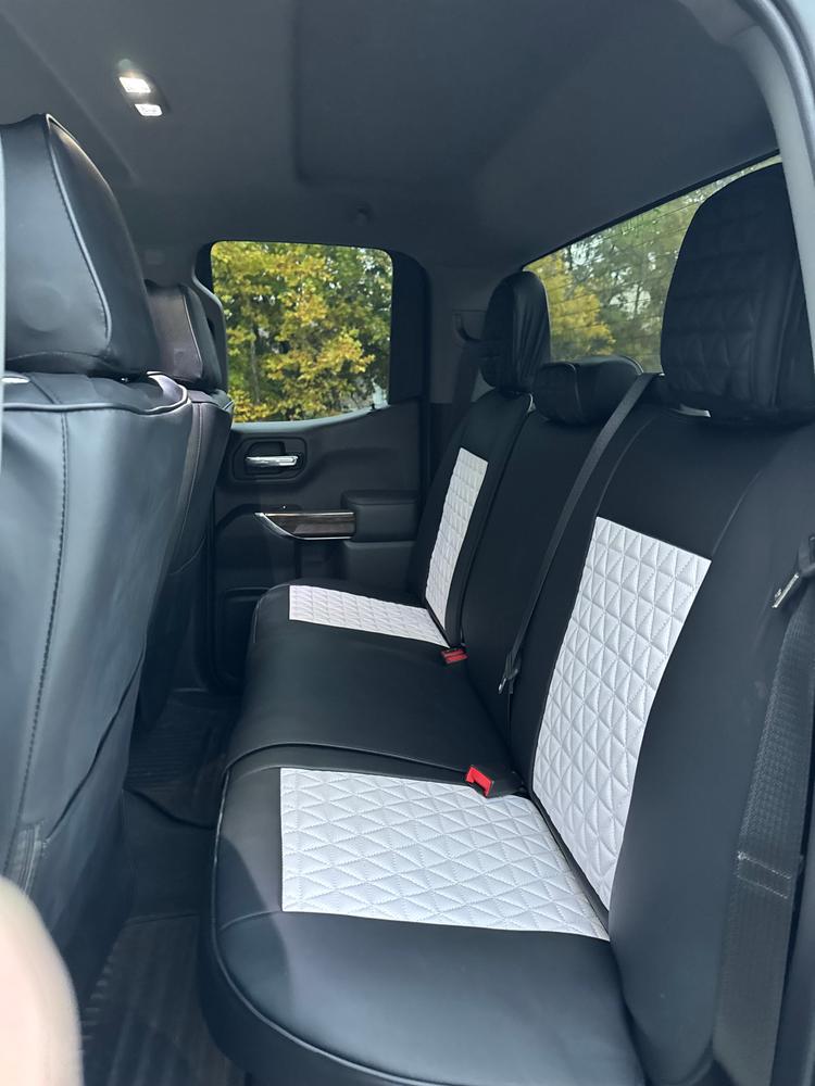 GMC Sierra gray & white & black rear seat covers — verified review by Kevin M. — Seat Cover Solutions