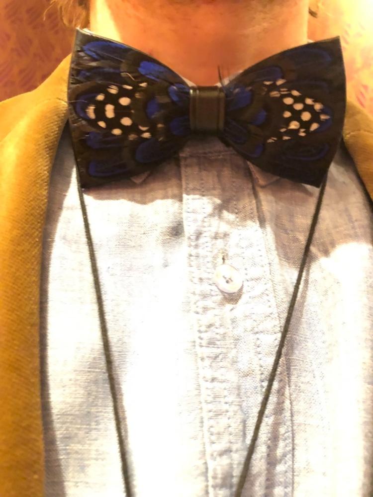 Blue Polka Dot Feather Bow Tie - Customer Photo From Karen T.