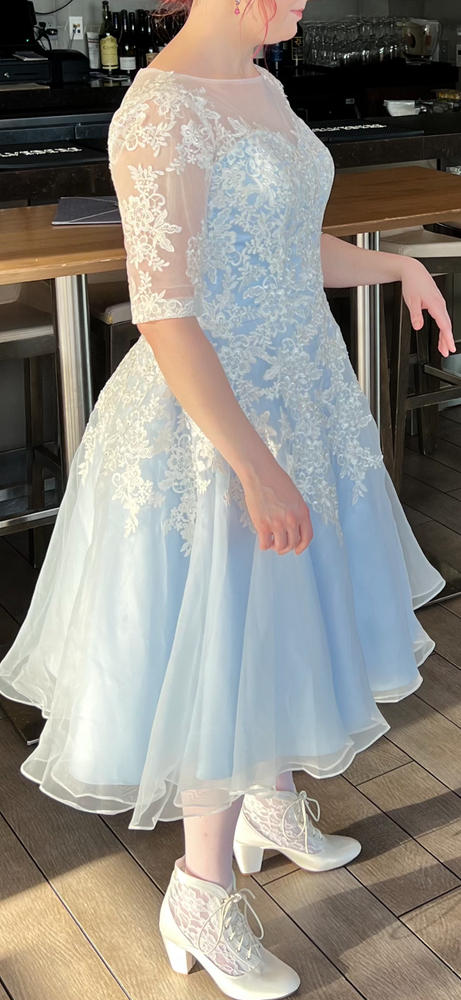 ice blue semi formal dress Ice Blue Satin Long Dress With Beaded Lace Appliqué