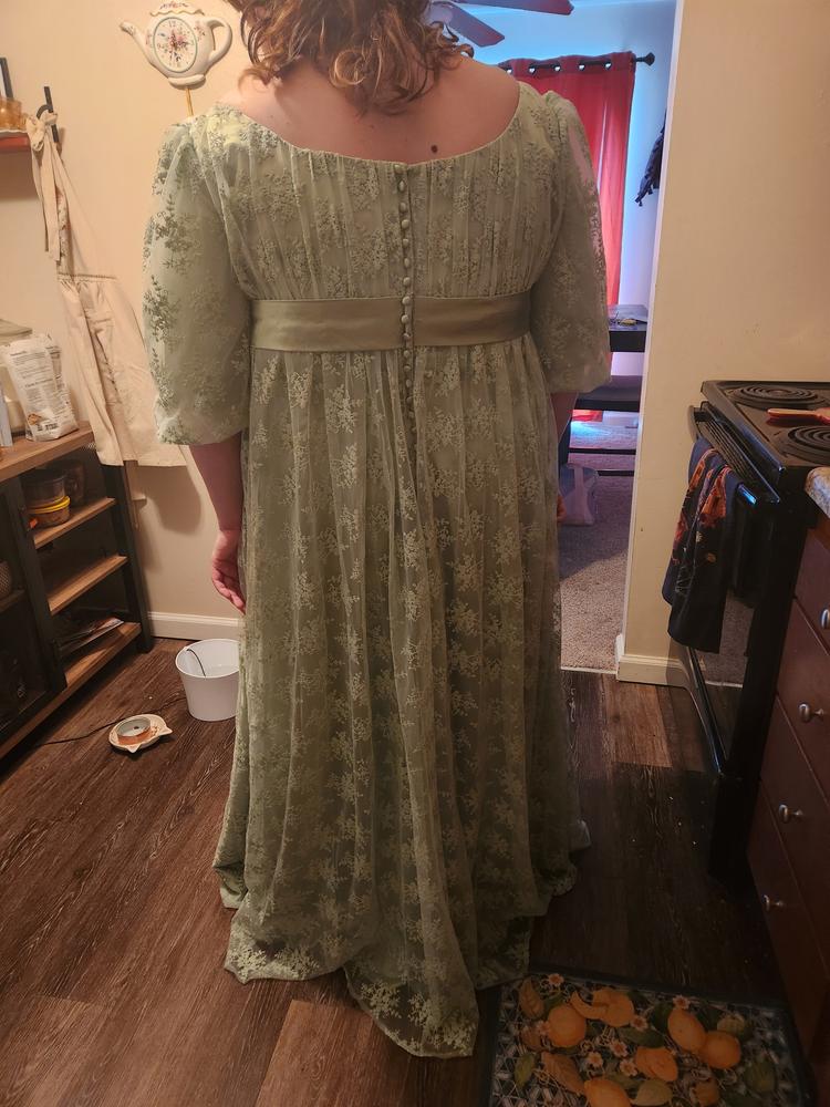 Green Regency Style Empire Dress with Floral Lace JOANNE ieie Green Regency Style Empire Dress with Floral Lace JOANNE ieie