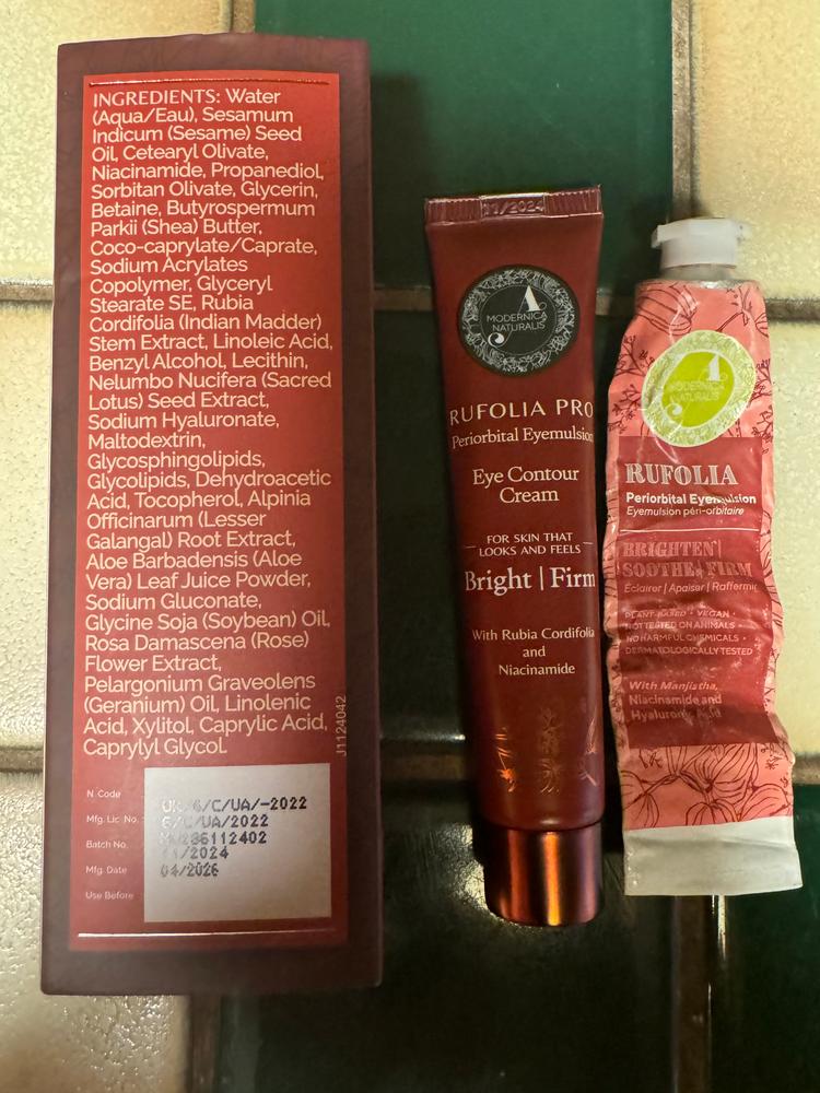 Rufolia PRO Periorbital Eyemulsion - Eye Contour Cream – Brighten, Firm and Moisturize Under-Eyes – New Formula with Manjistha, Aloe Vera, Lotus, and Niacinamide – Best Under-Eye Cream – With Clinically Tested Ingredients - Customer Photo From Amy