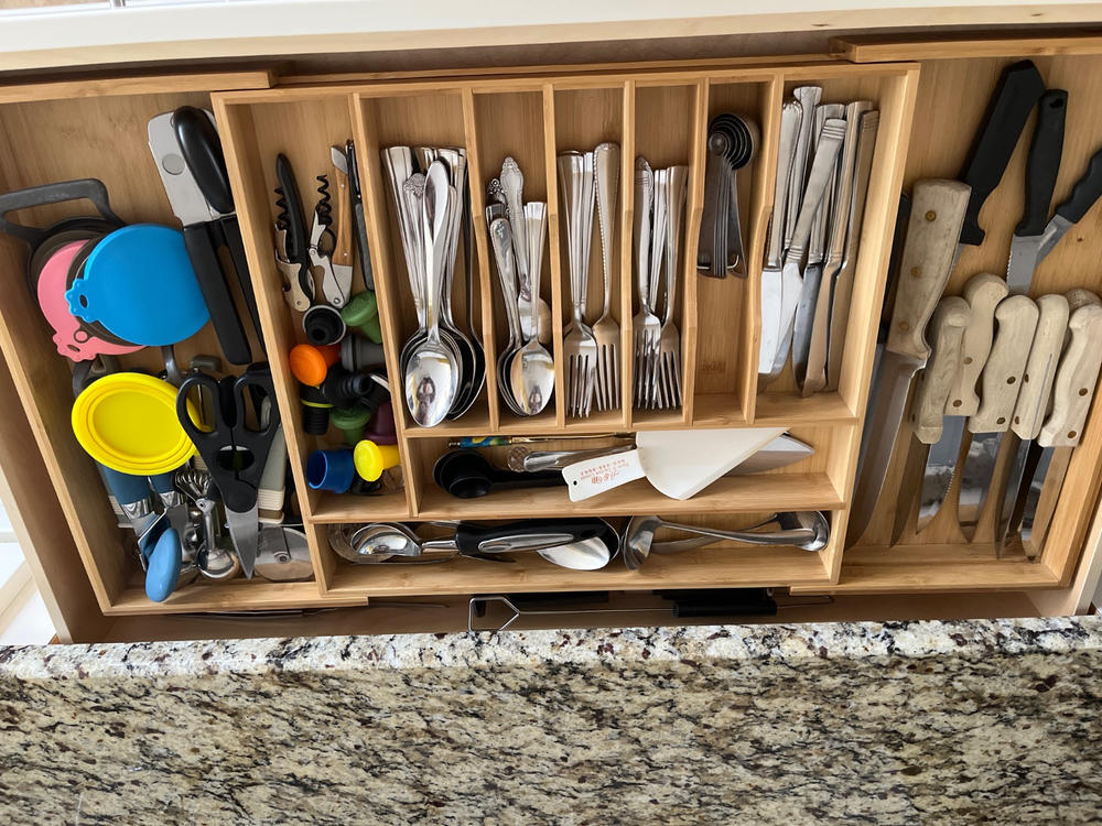 Budu Expandable Bamboo Silverware Drawer Organizer – 18.5" Depth, Adjustable Compartments, For Utensils & More