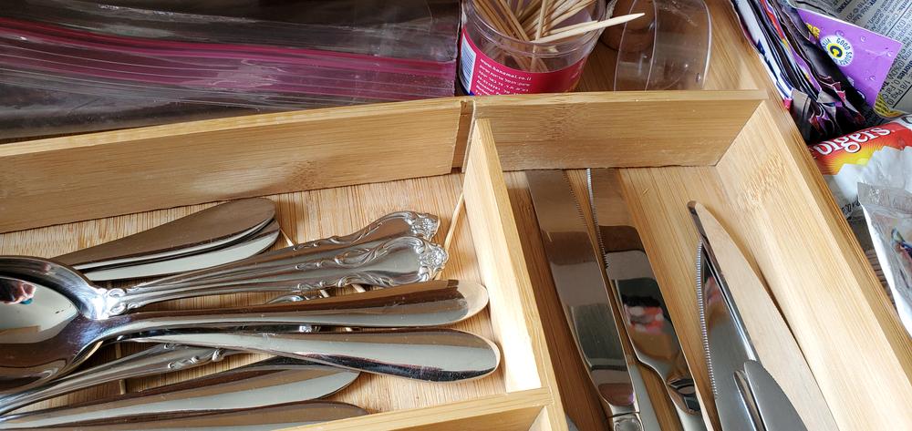 Bamboo Drawer Organizer for Silverware & Utensils (Expands 16-28in) - Customer Photo From Linsey Skelly