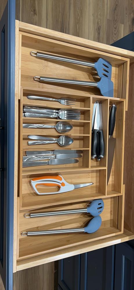 Bamboo Drawer Organizer for Silverware & Utensils (Expands 16-28in) - Customer Photo From Franklykt