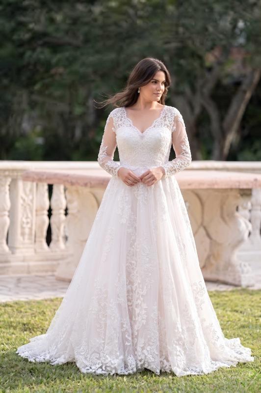 A-Line Court Train Tulle Lace Satin Modest Wedding Dress V-Neck