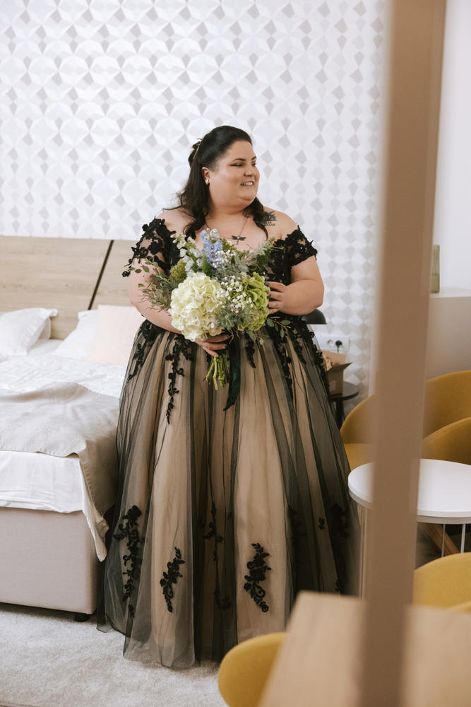 Off Shoulder Wedding Dress A Line Tulle Beaded Gothic Black Bridal
