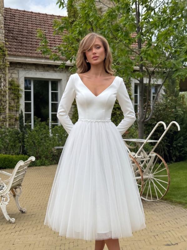 long sleeve ankle length white dress Long Sleeve High Neck Lace Wedding Dress with Ankle Length Rosymae