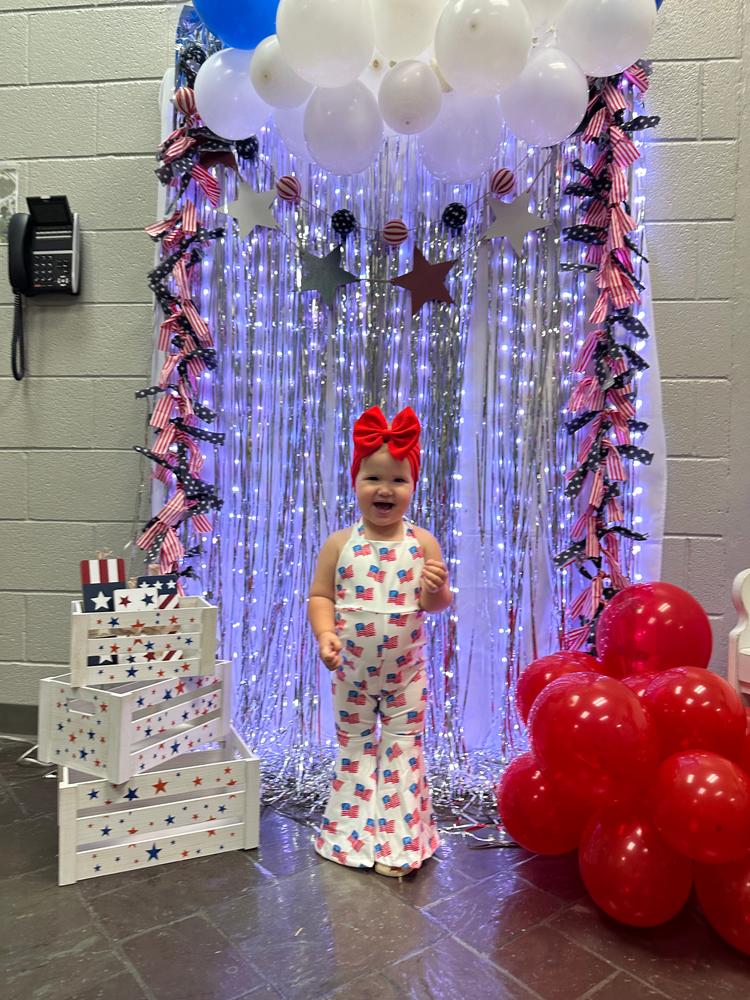 Andi Pleated Bell Bottom Jumpsuit - Patriotic Flags - Customer Photo From adrienne melton