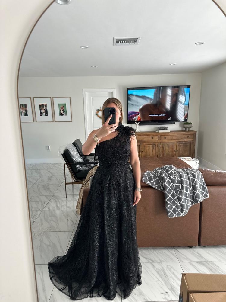 mac duggal one-shoulder embroidered maxi dress Mac Duggal Embellished One-Shoulder Feathered Gown main image 0
