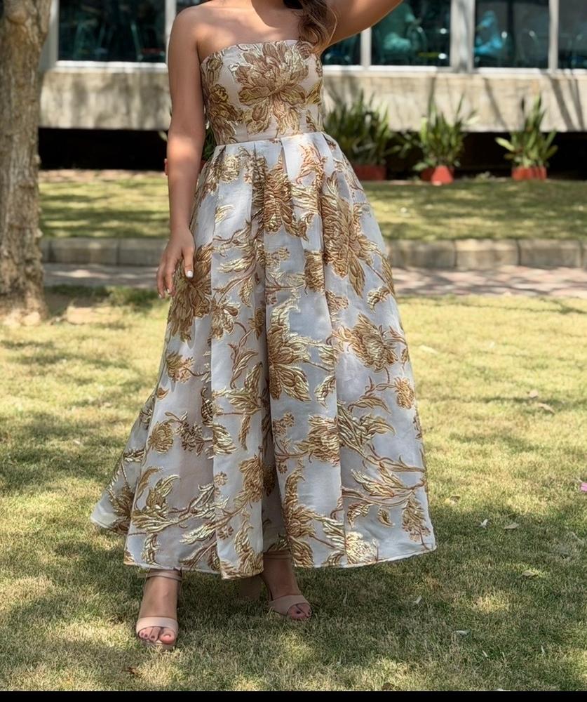 slim fit dress slacks Light Blue Strapless Brocade Midi Dress With Pockets main image 0