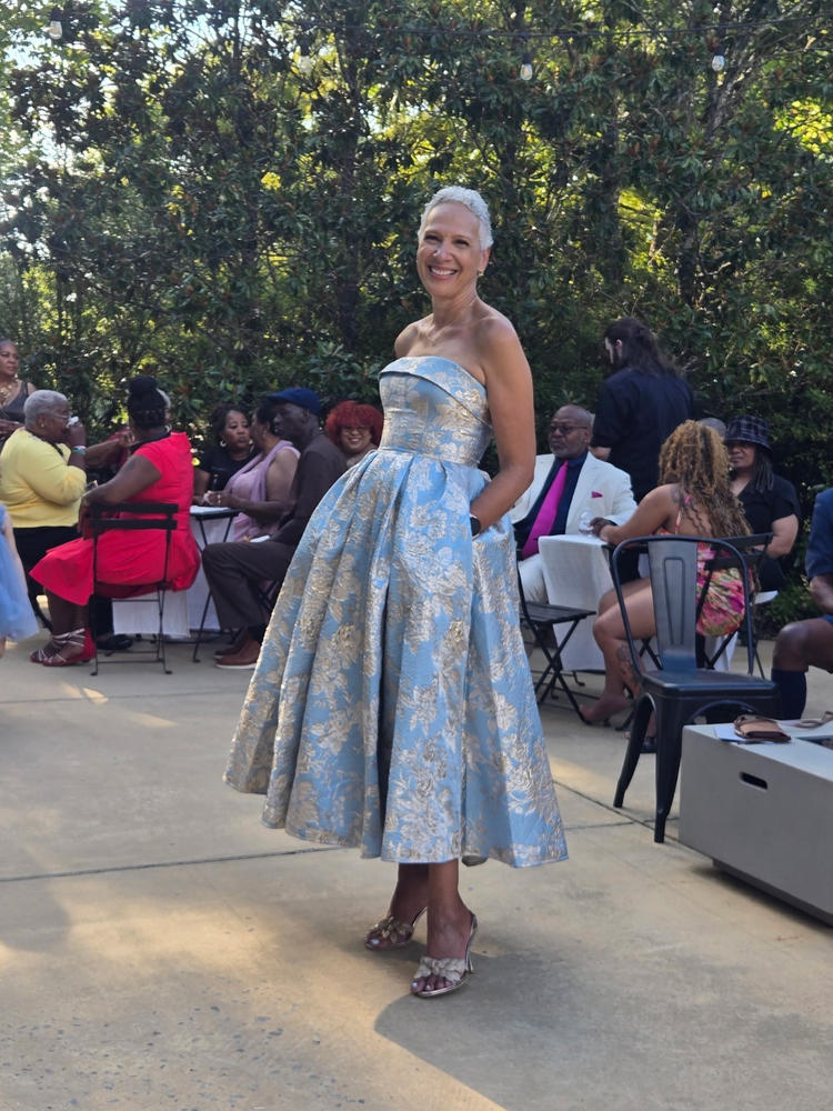 blue strapless brocade midi dress with pockets Light Scarlett Red Backless Mermaid Web Collection: Tailoring Color:Vintage Navy Blue (Pre-order) Mac Duggal 13223 is