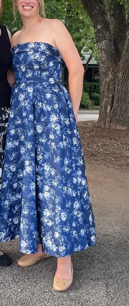 blue strapless brocade midi dress with pockets line silhouette Concealed back US Workwear ASOS DESIGN oversized mini Color:Blue Embroidered Pinstripe