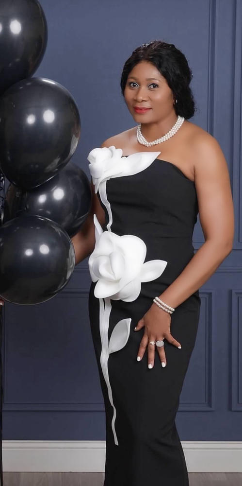 Black Strapless Crepe Dress With 3D Satin Flowers | Mac Duggal