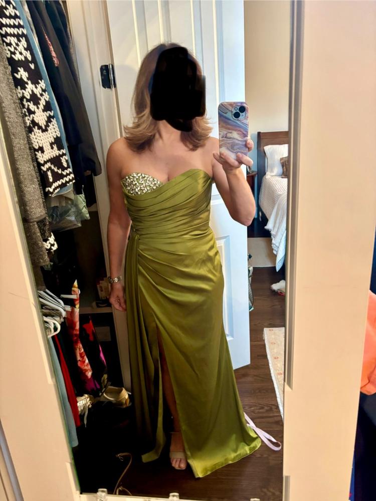 mac duggal apple green dress Green Metallic Pleated Gown With 3D Flower main image 0