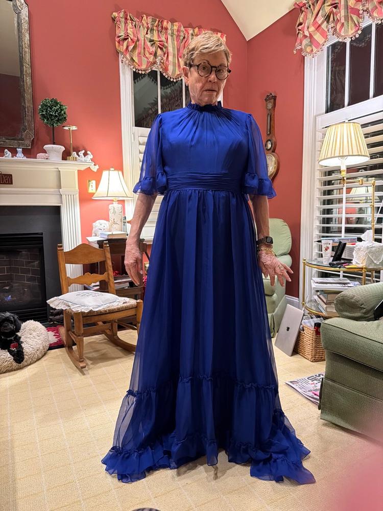 Blue Ruffled Mock Neck Flutter Sleeve High Low Hem Gown - Mac Duggal