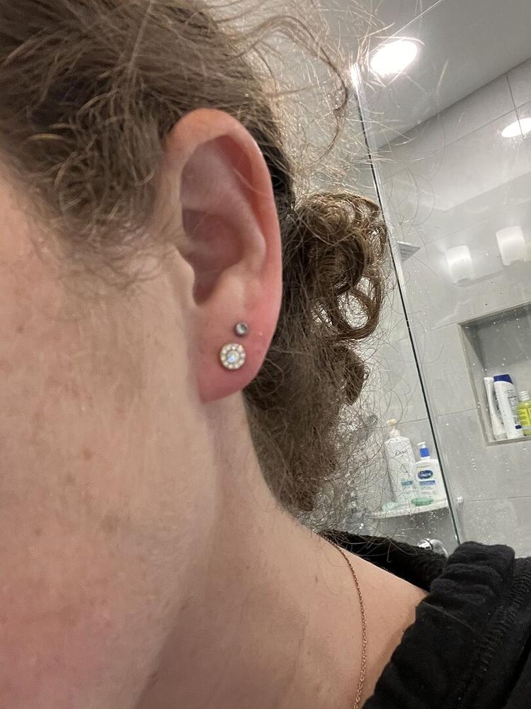 Golden Titanium 6mm Brilliance Halo Earrings - Customer Photo From Ariella B.