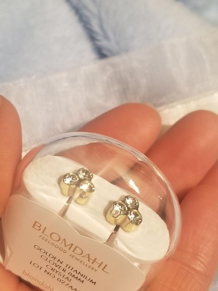 Golden Titanium Clover 8mm Crystal Earrings - Customer Photo From Beth S.